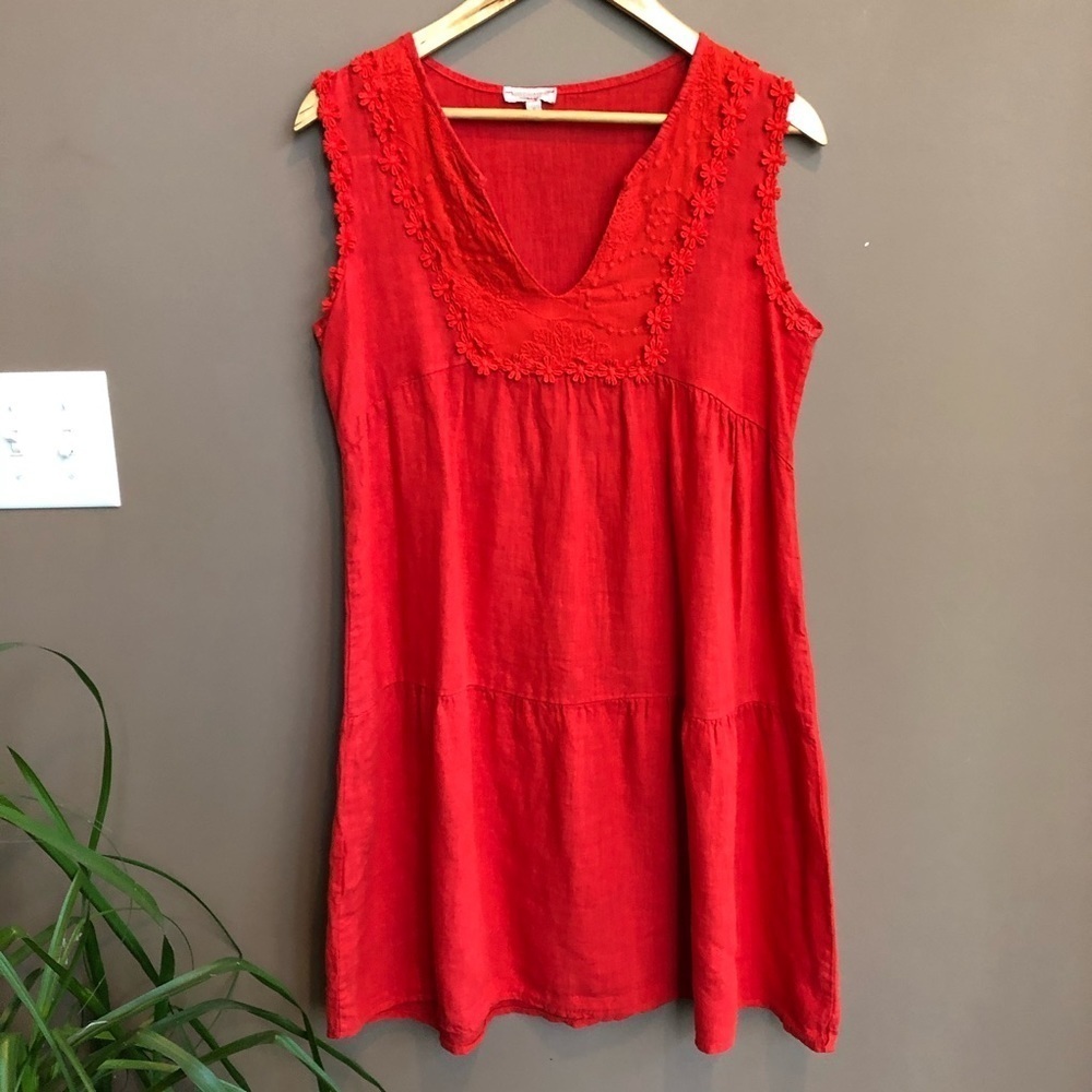 Marisa & Marie Linen Shift Embroidered Dress Red S